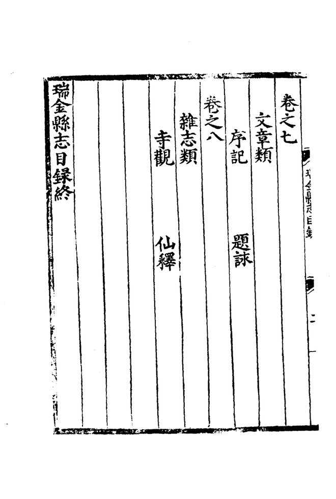 嘉靖瑞金县志 目录页影印