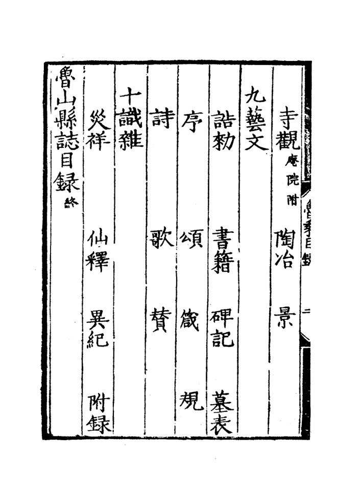 嘉靖鲁山县志 目录页影印