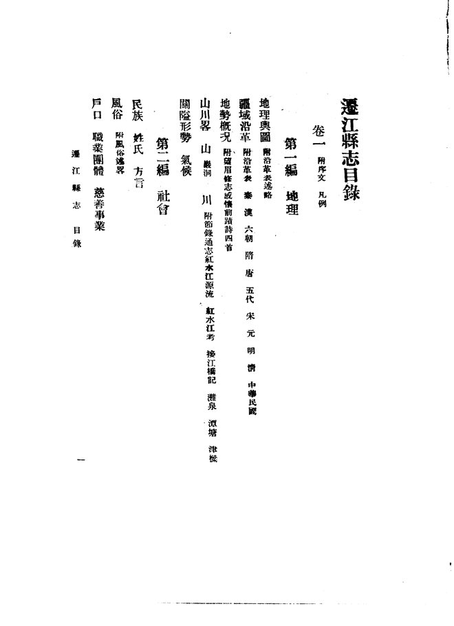 迁江县志（民国二十四年排印本） 目录页影印
